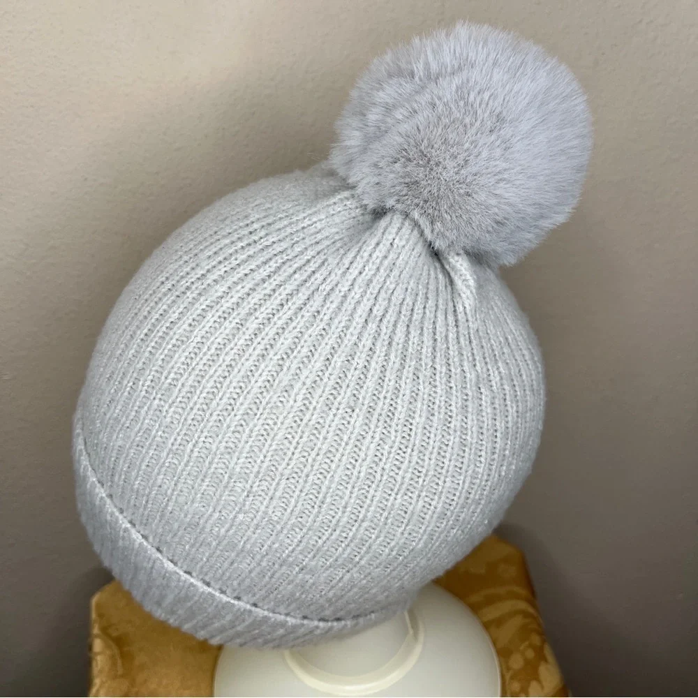 Lauren Conrad Pom Pom Beanie Winter Hat Soft Knit Grey Pastel Cozy